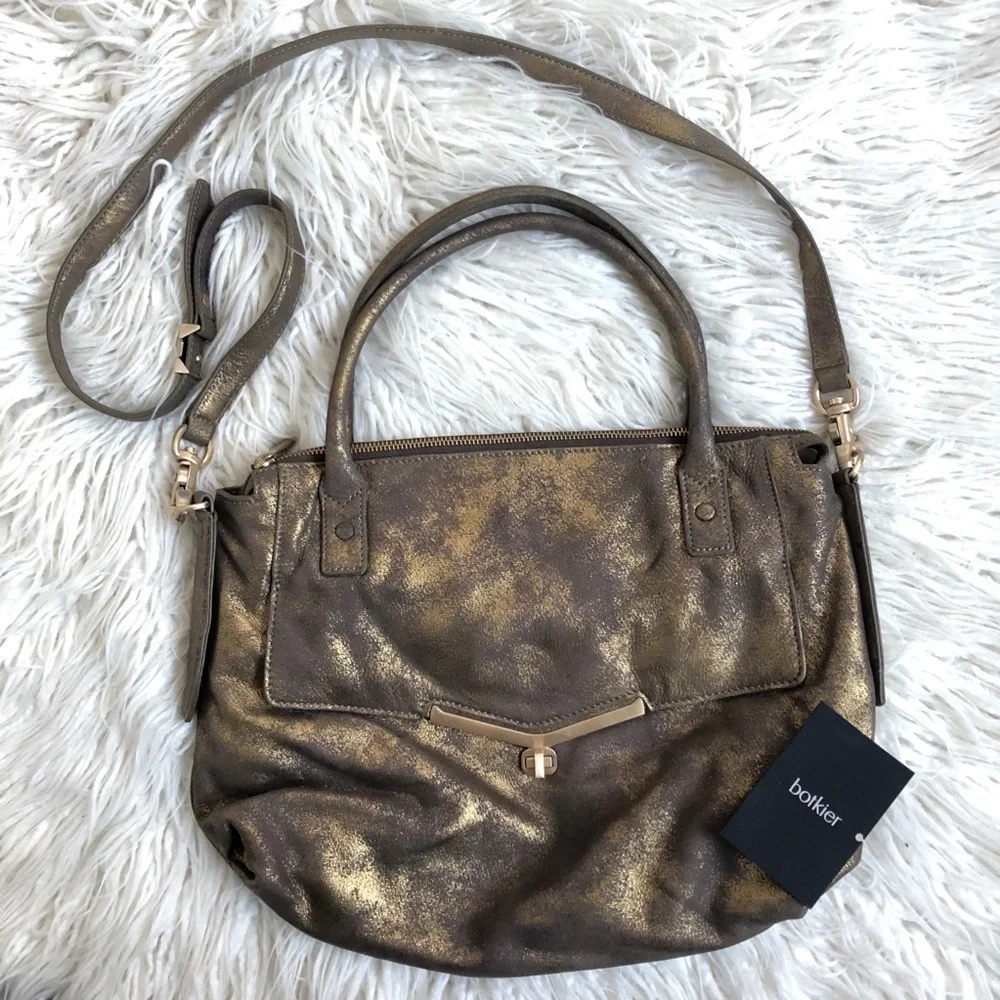 Botkier Leather Valentina Brown Gold Metallic Large Satchel Bag EUC